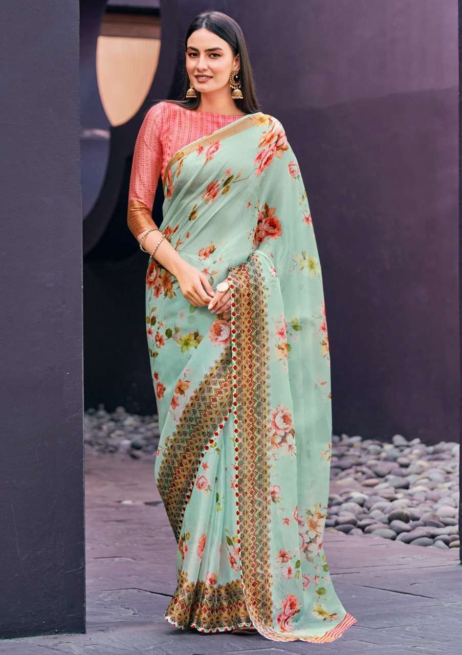 shangrila rosey orgenza vol 3 Digital floral Prints On Slub Organza saree