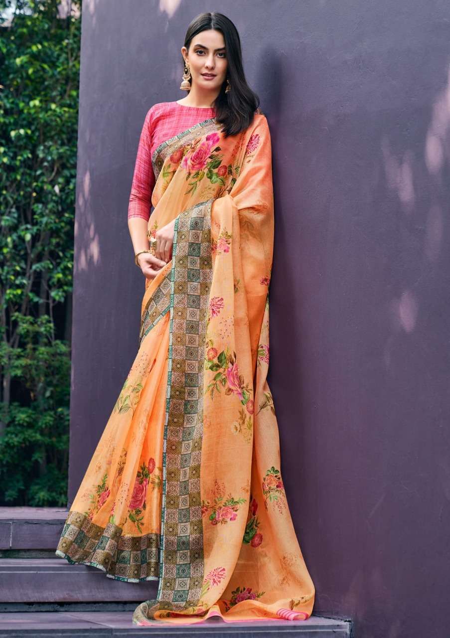 shangrila rosey orgenza vol 3 Digital floral Prints On Slub Organza saree