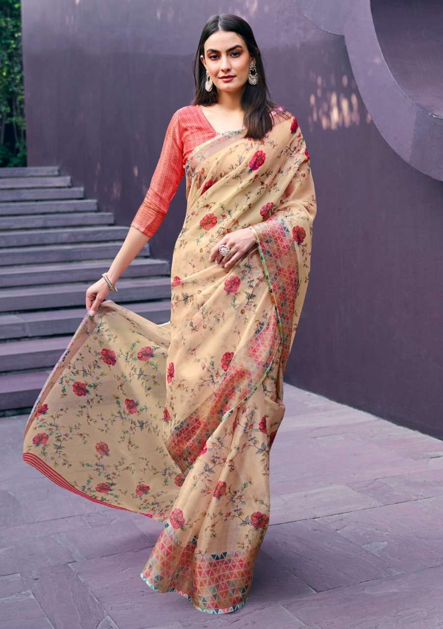 shangrila rosey orgenza vol 3 Digital floral Prints On Slub Organza saree