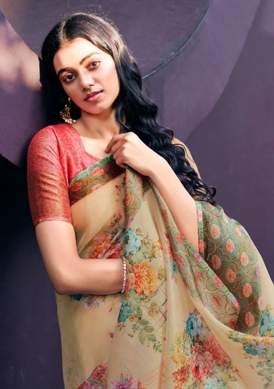 shangrila rosey orgenza vol 3 Digital floral Prints On Slub Organza saree