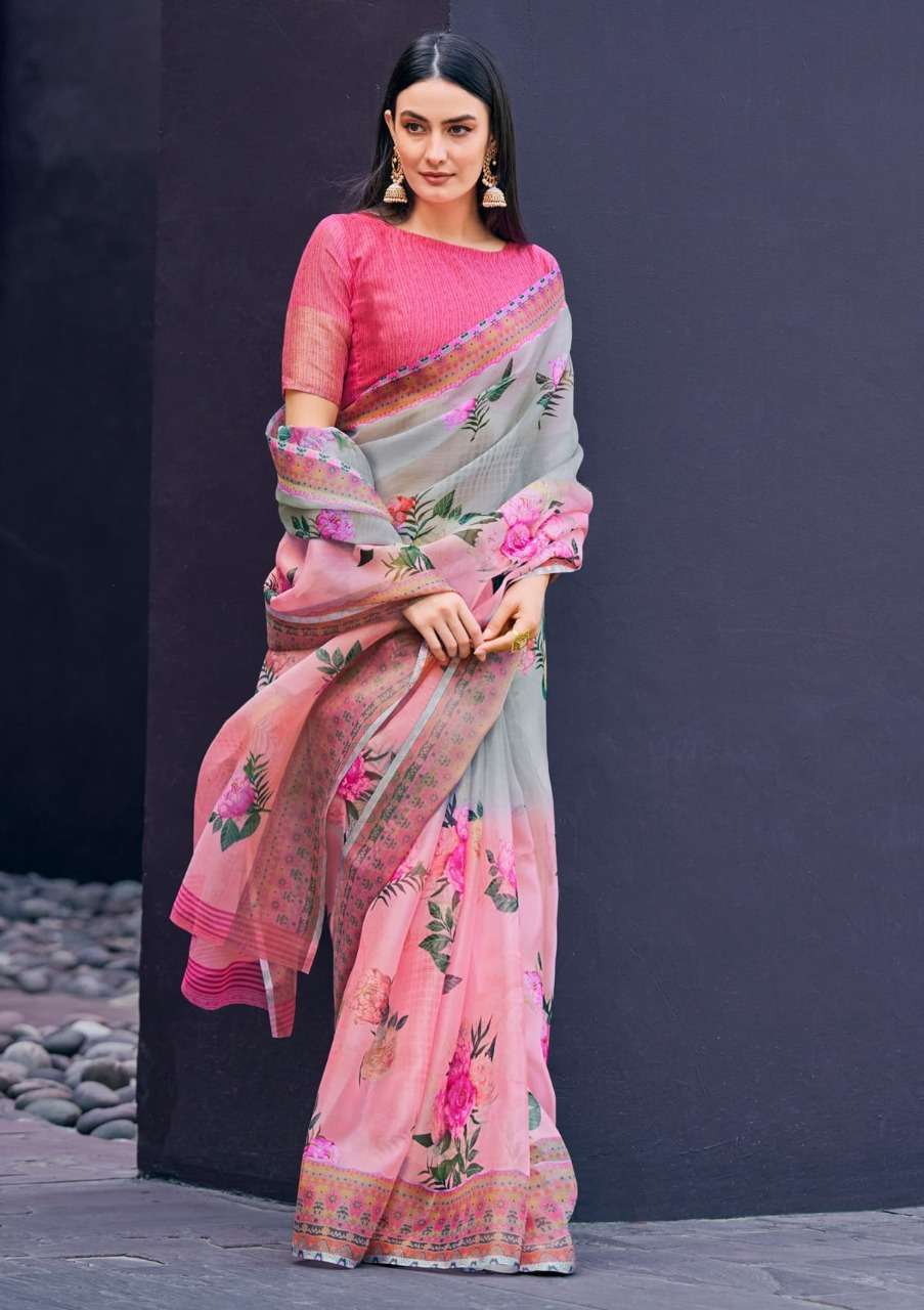 shangrila rosey orgenza vol 3 Digital floral Prints On Slub Organza saree