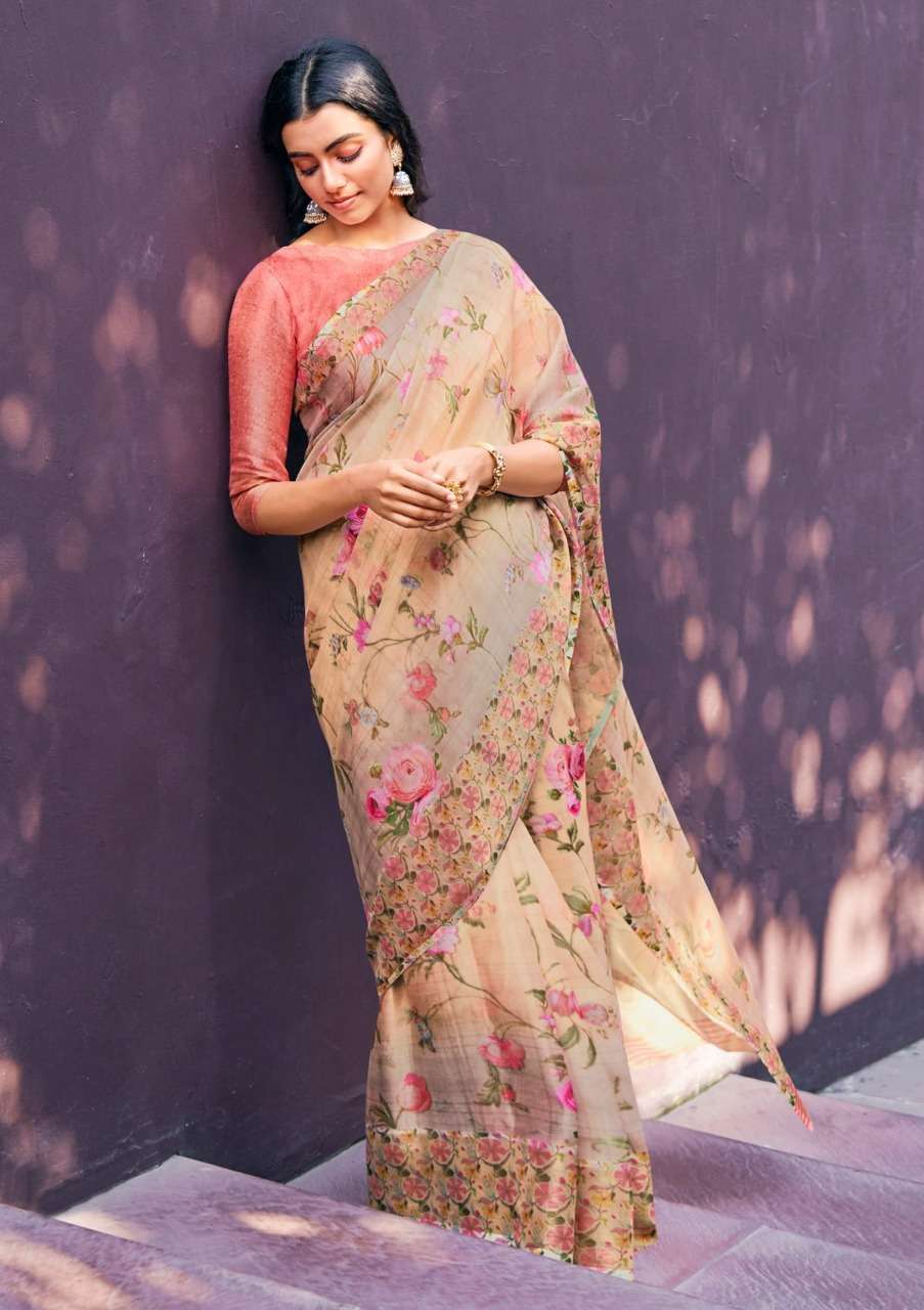 shangrila rosey orgenza vol 3 Digital floral Prints On Slub Organza saree