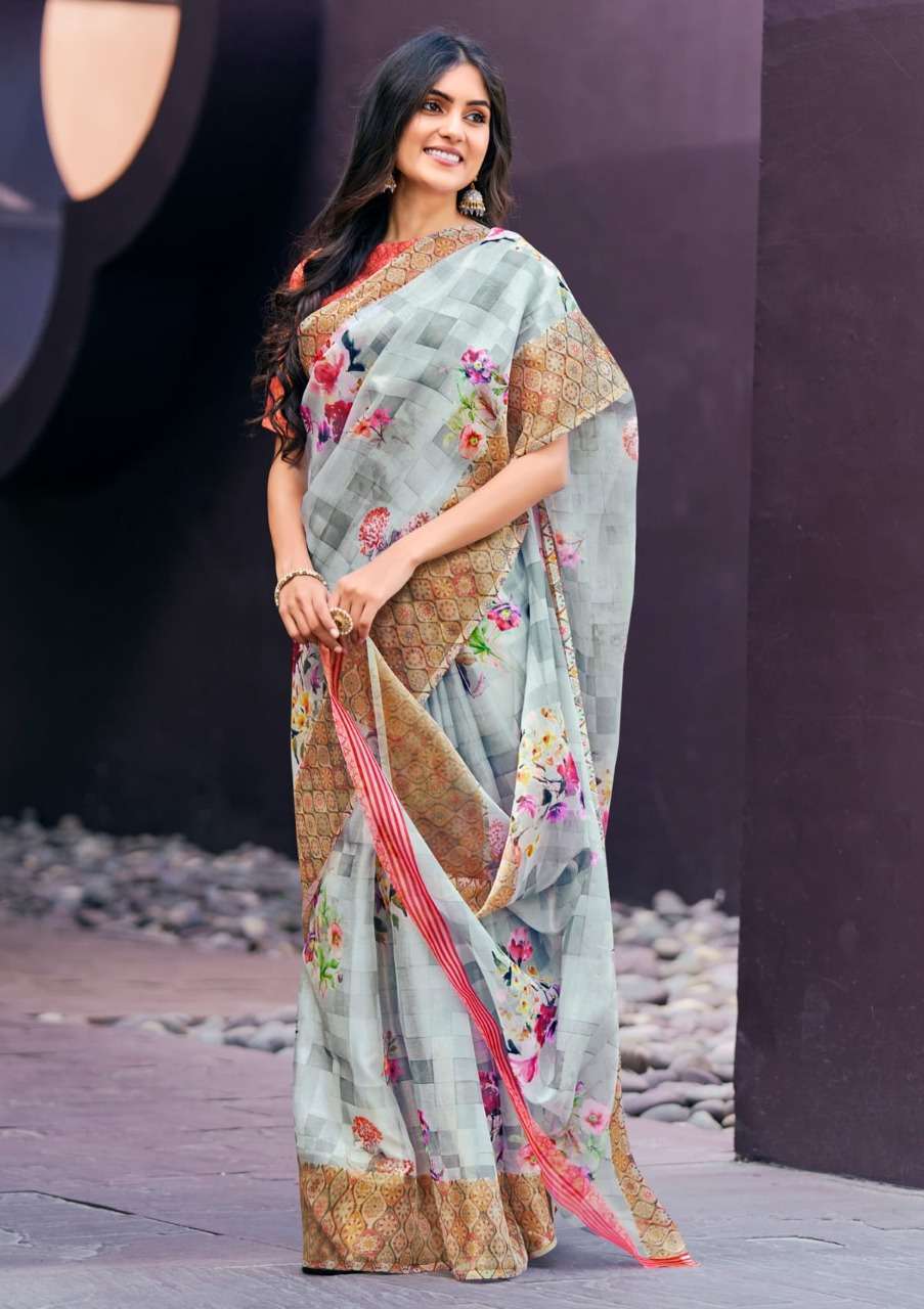shangrila rosey orgenza vol 3 Digital floral Prints On Slub Organza saree