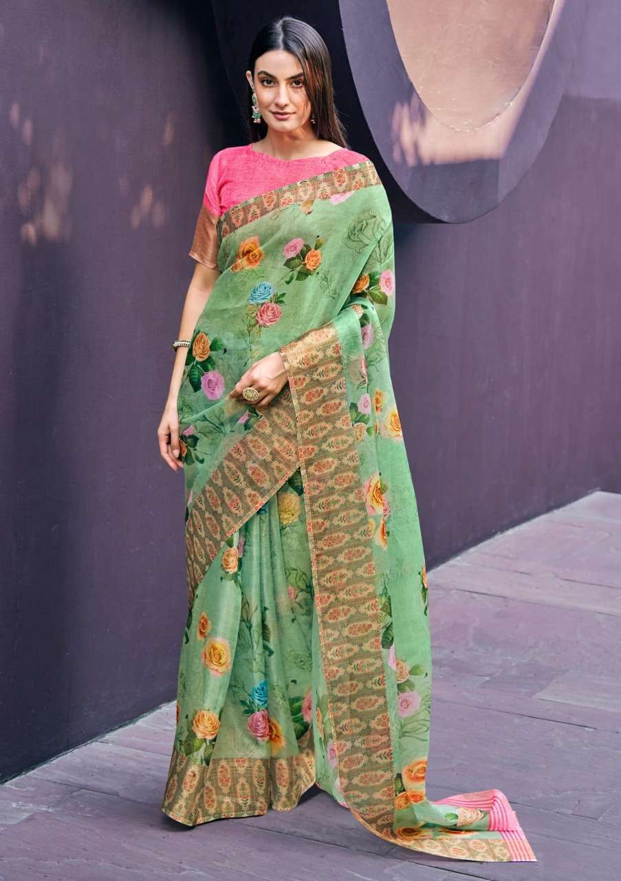 shangrila rosey orgenza vol 3 Digital floral Prints On Slub Organza saree