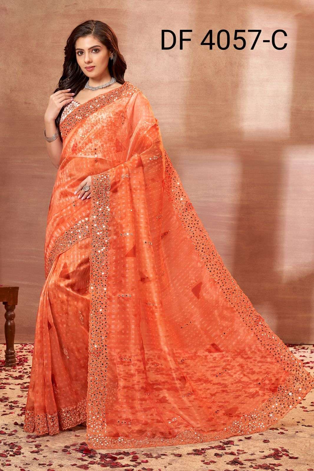 divya df 4057 mirror vol 1 organza print with mirror work saree