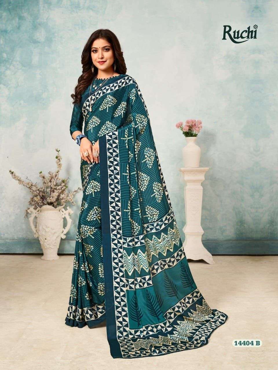 Blue Modal Ajrakh Silk Saree with Lotus Print - Byhand Kochi