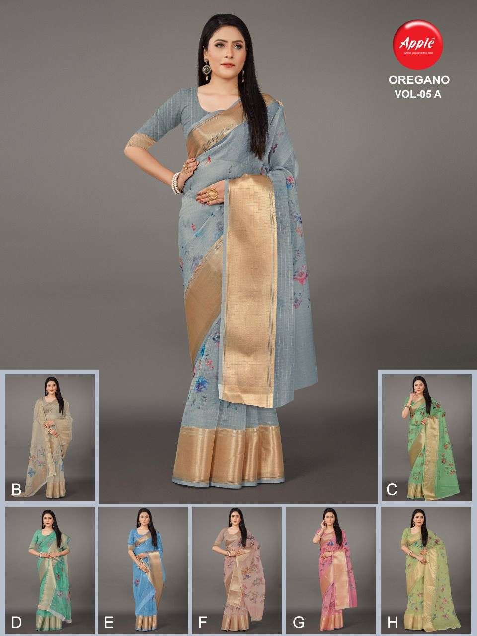 apple oregano vol 5 Organza with zari weaving border saree