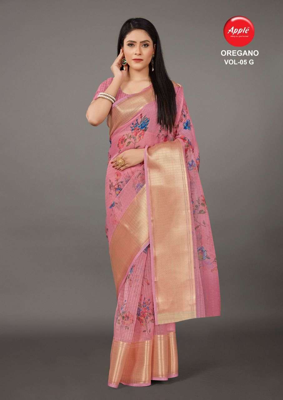 apple oregano vol 5 Organza with zari weaving border saree