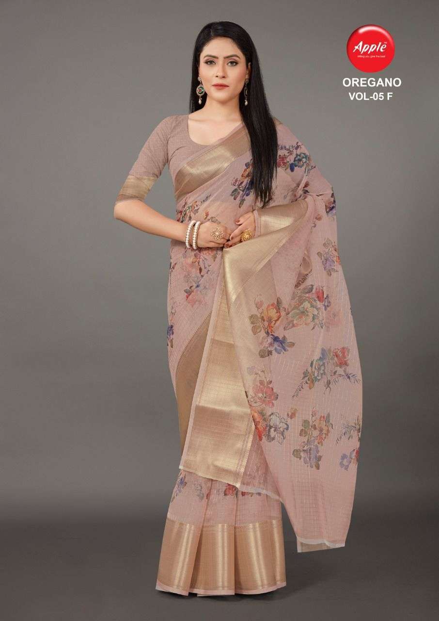 apple oregano vol 5 Organza with zari weaving border saree
