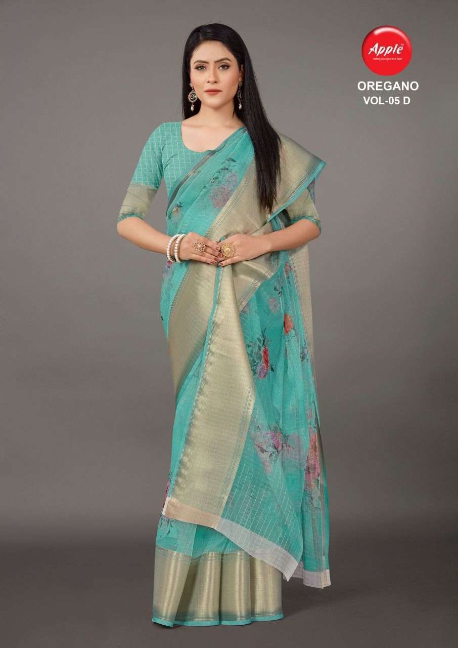 apple oregano vol 5 Organza with zari weaving border saree