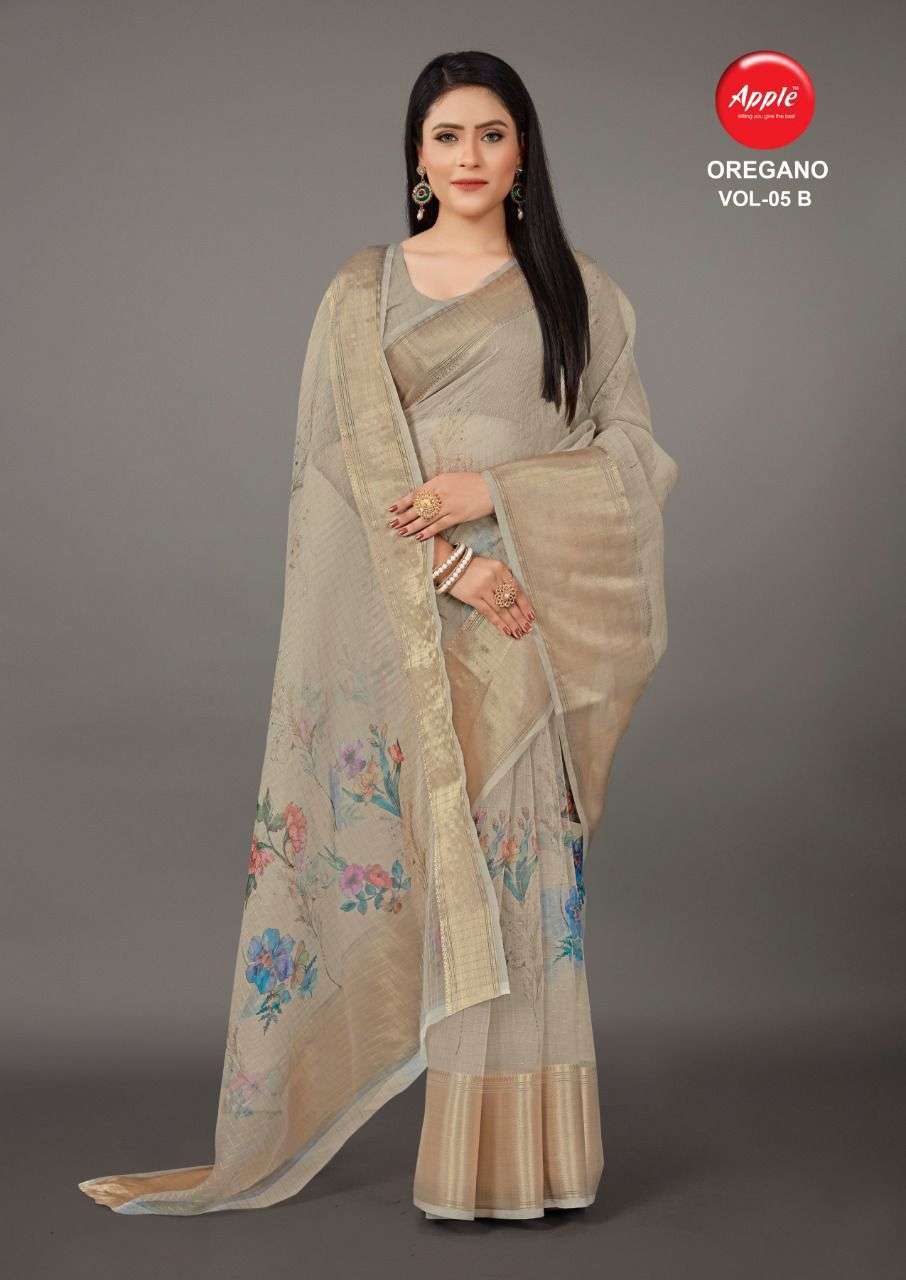 apple oregano vol 5 Organza with zari weaving border saree