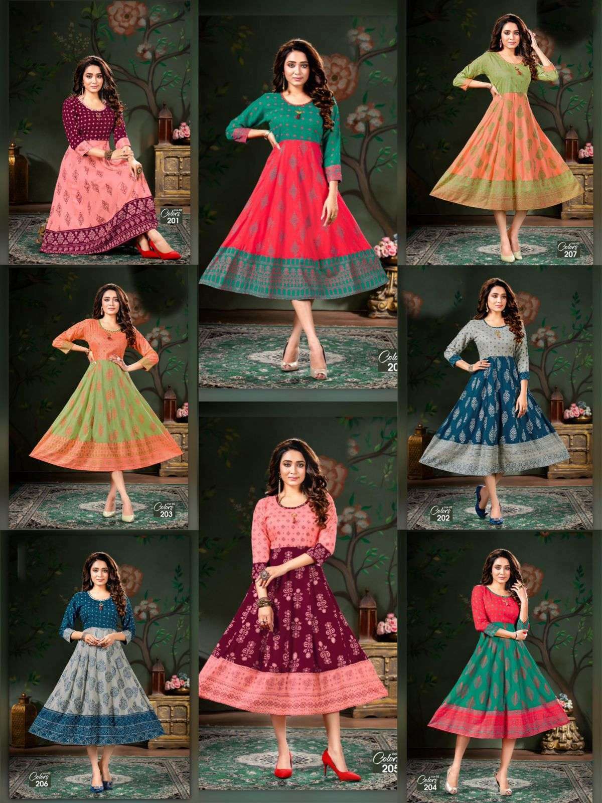 colors vol-2 series 201-206 heavy rayon slub with handwork kurti 