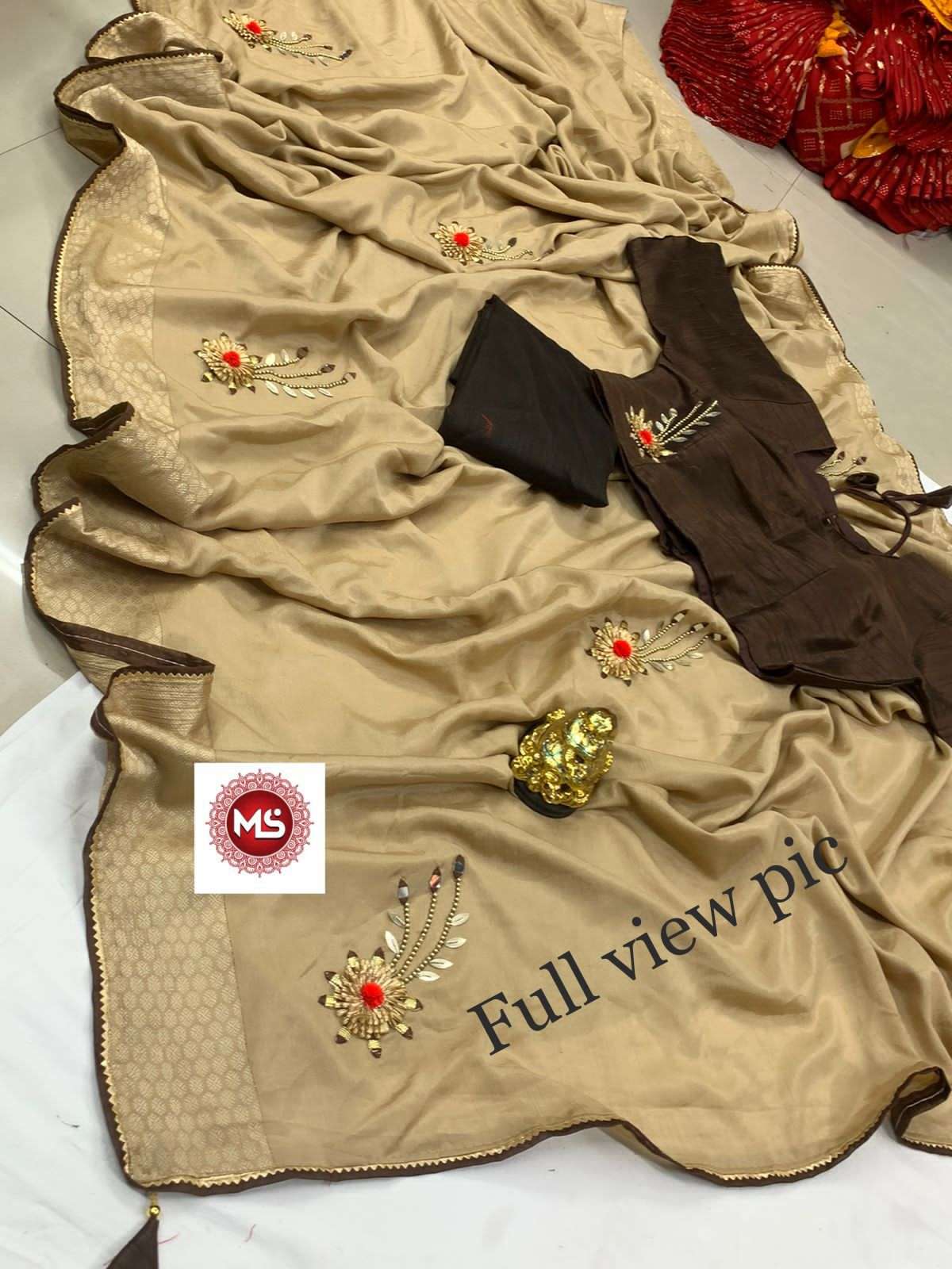 MS BRAND HAND MIRROR DESIGNER HEAVY CHINON DOBBY PATTA SILK SAREE 
