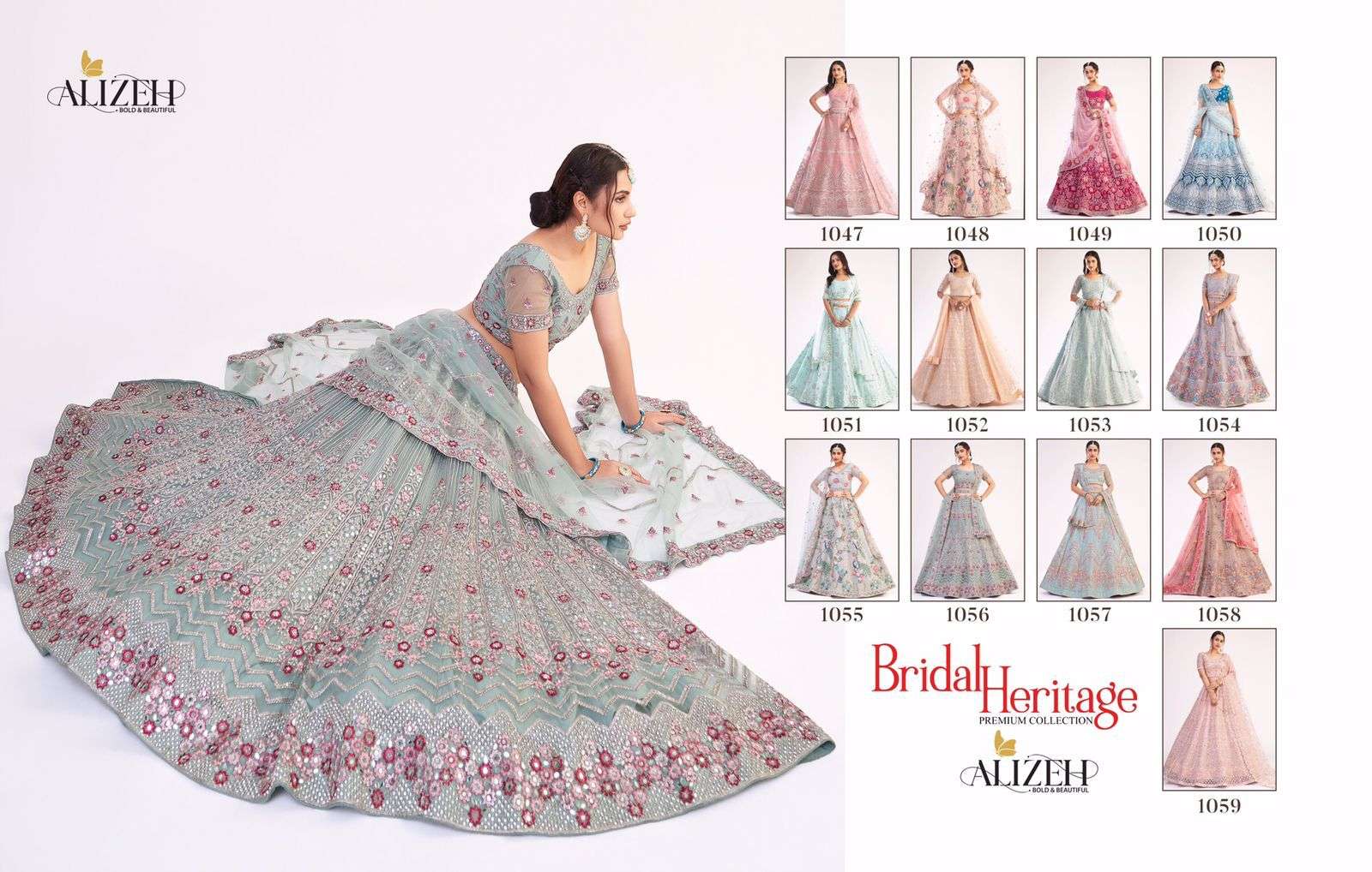 ALIZEH OFFICIAL BRIDAL HERITAGE PREMIUM COLLECTION DESIGNER BUTTERFLY NET LEHENGA 