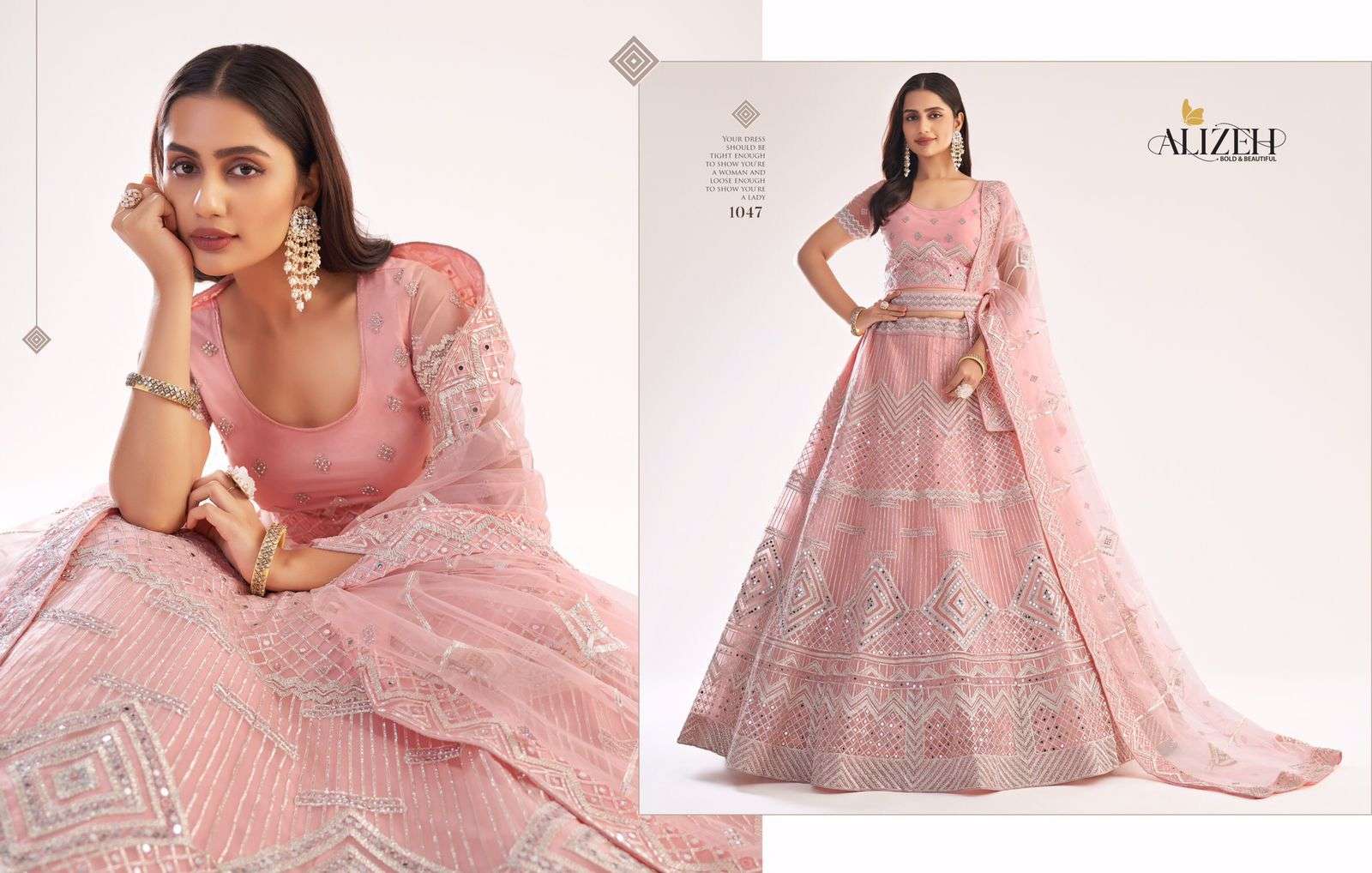 ALIZEH OFFICIAL BRIDAL HERITAGE PREMIUM COLLECTION DESIGNER BUTTERFLY NET LEHENGA 