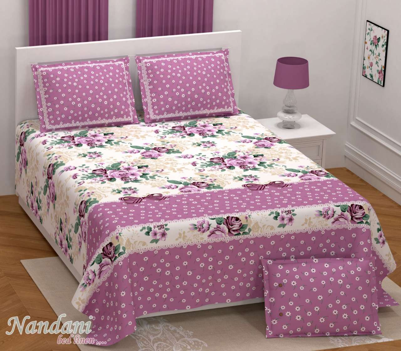 nandini king size 1 bedsheets with 2 pillow cover twill satin floral prints