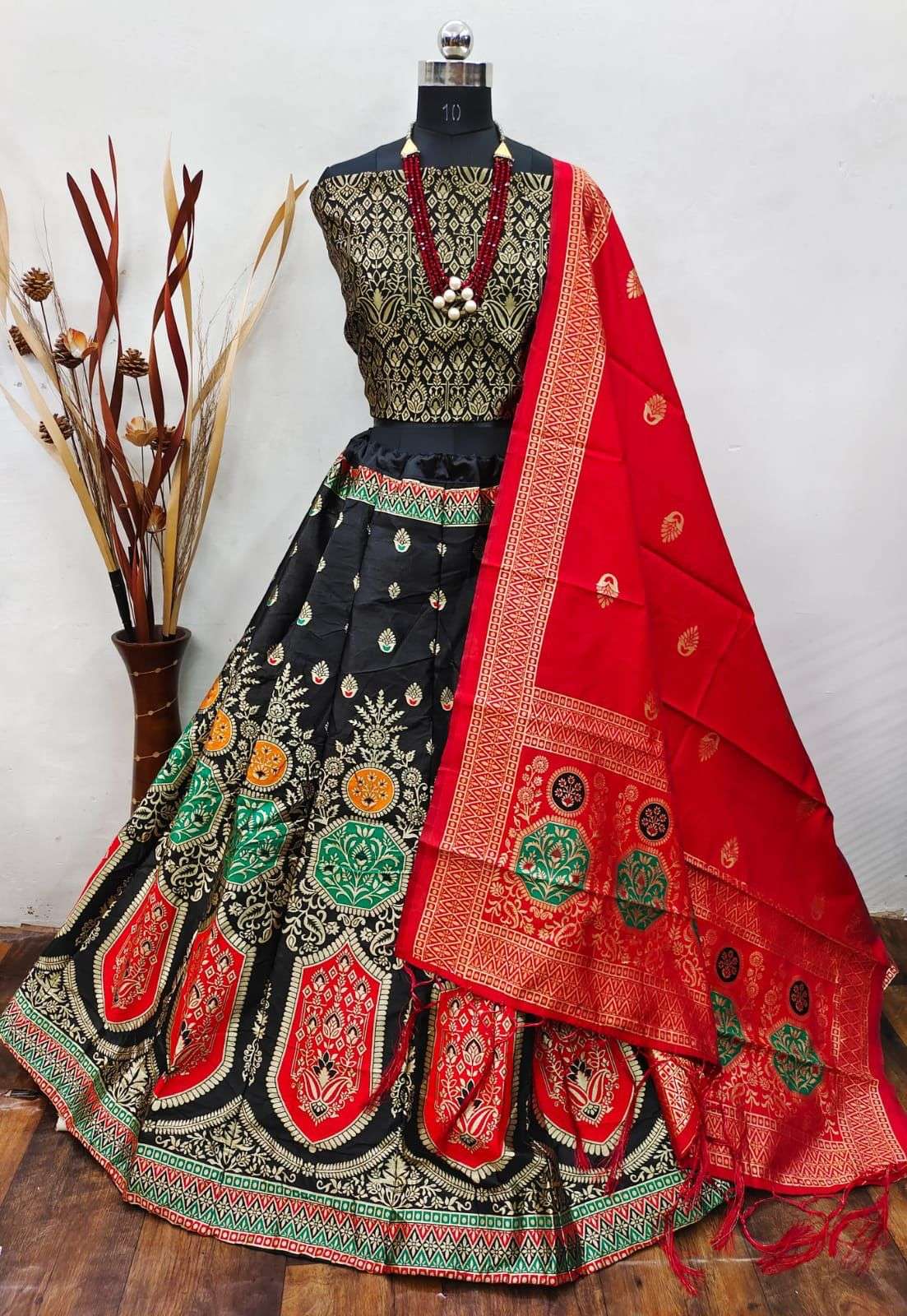 Dark Green Copper Zari Weaving Work Banarasi Silk Lehenga Choli