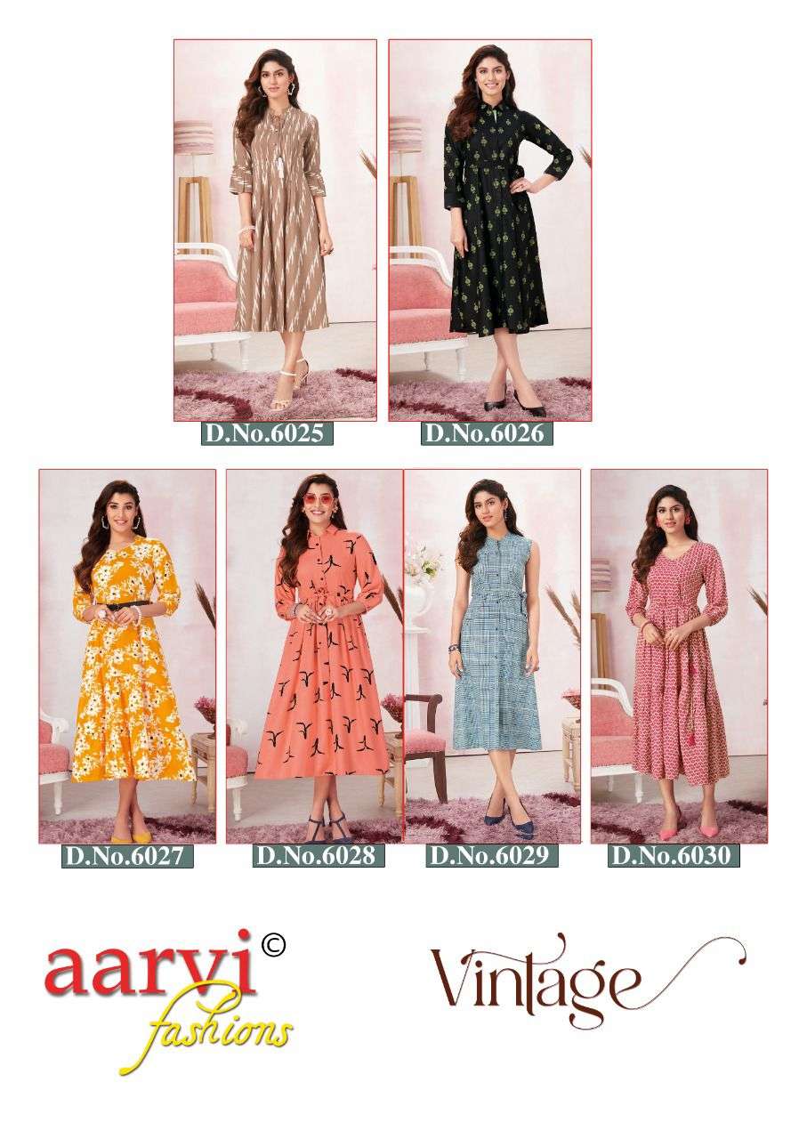 Aarvi Vintage Vol-1 series 6025-6030 Pure Rayon Print kurti