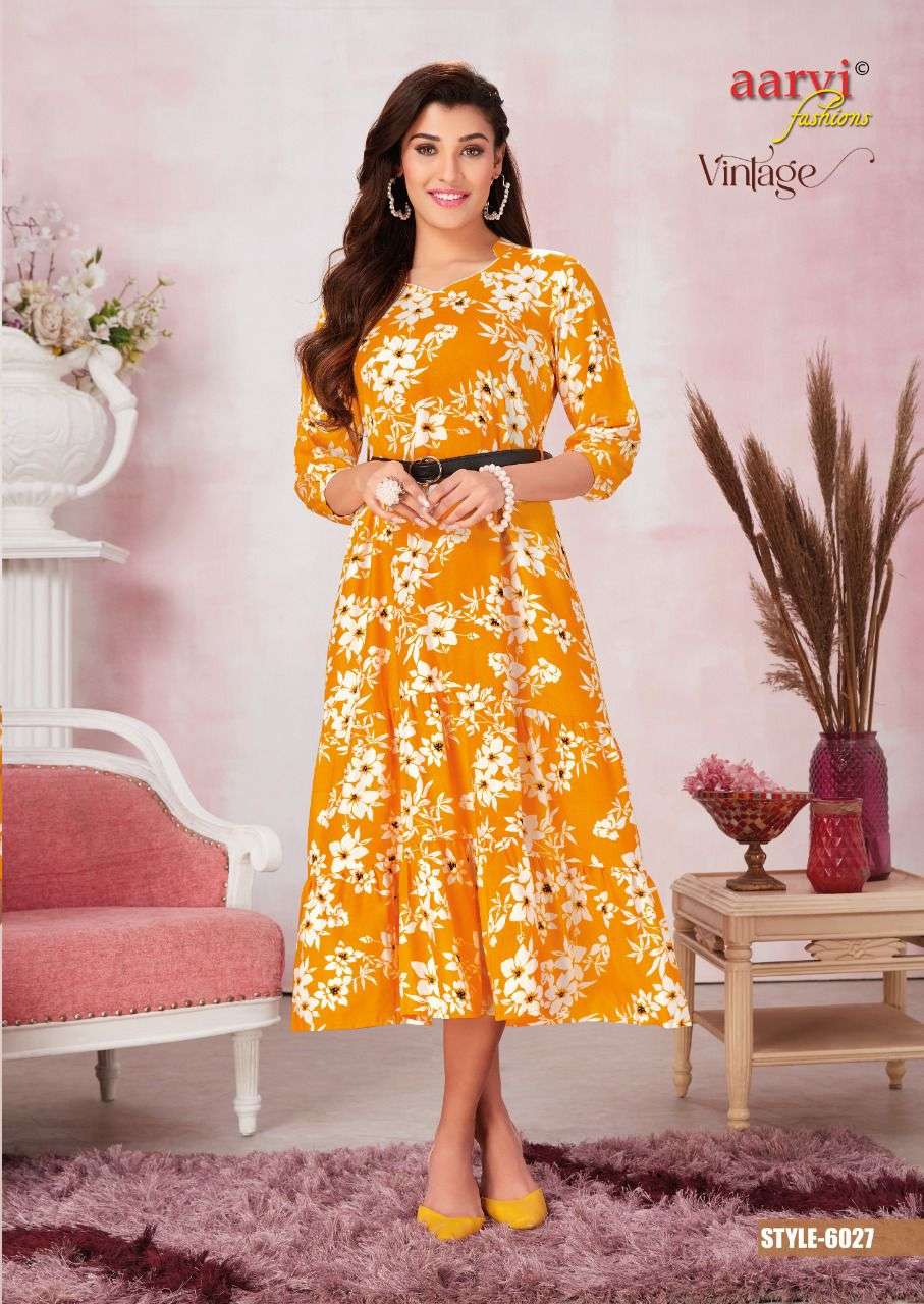 Aarvi Vintage Vol-1 series 6025-6030 Pure Rayon Print kurti