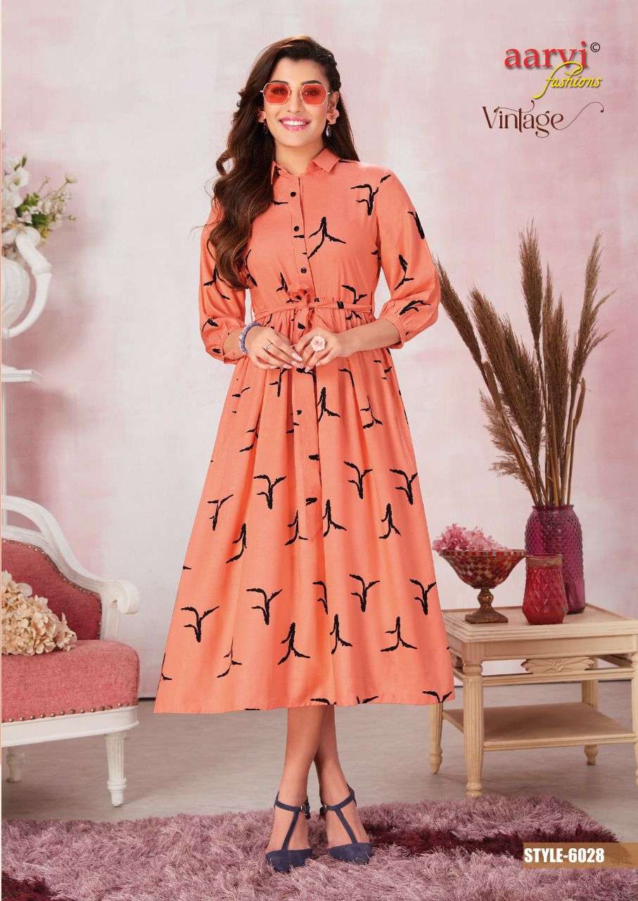 Aarvi Vintage Vol-1 series 6025-6030 Pure Rayon Print kurti