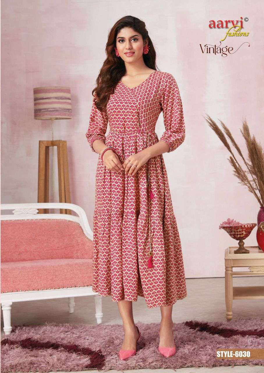 Aarvi Vintage Vol-1 series 6025-6030 Pure Rayon Print kurti