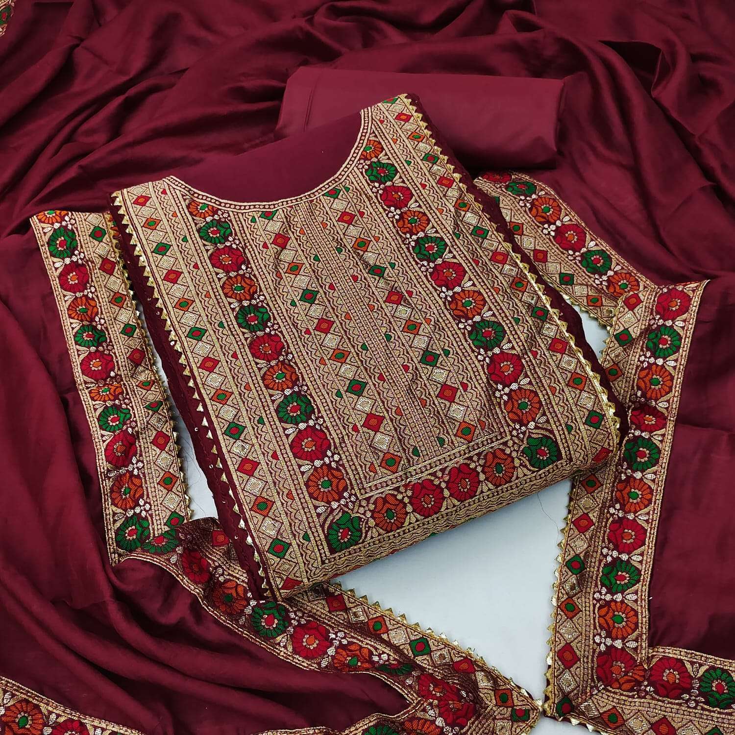 BT-07 DESIGNER CHANDERI CROSET WORK JACQUARD CHOLI NON CATALOG SUIT 