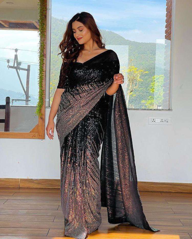 Z-Black Designer Party Wear georgette sequence work saree with heavy  designer Wedding blouse