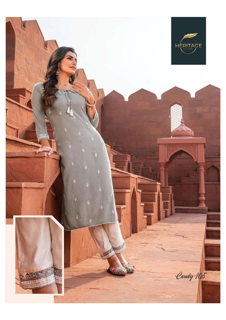 heritage candy series 101-106 rayon cotton flex print kurti 