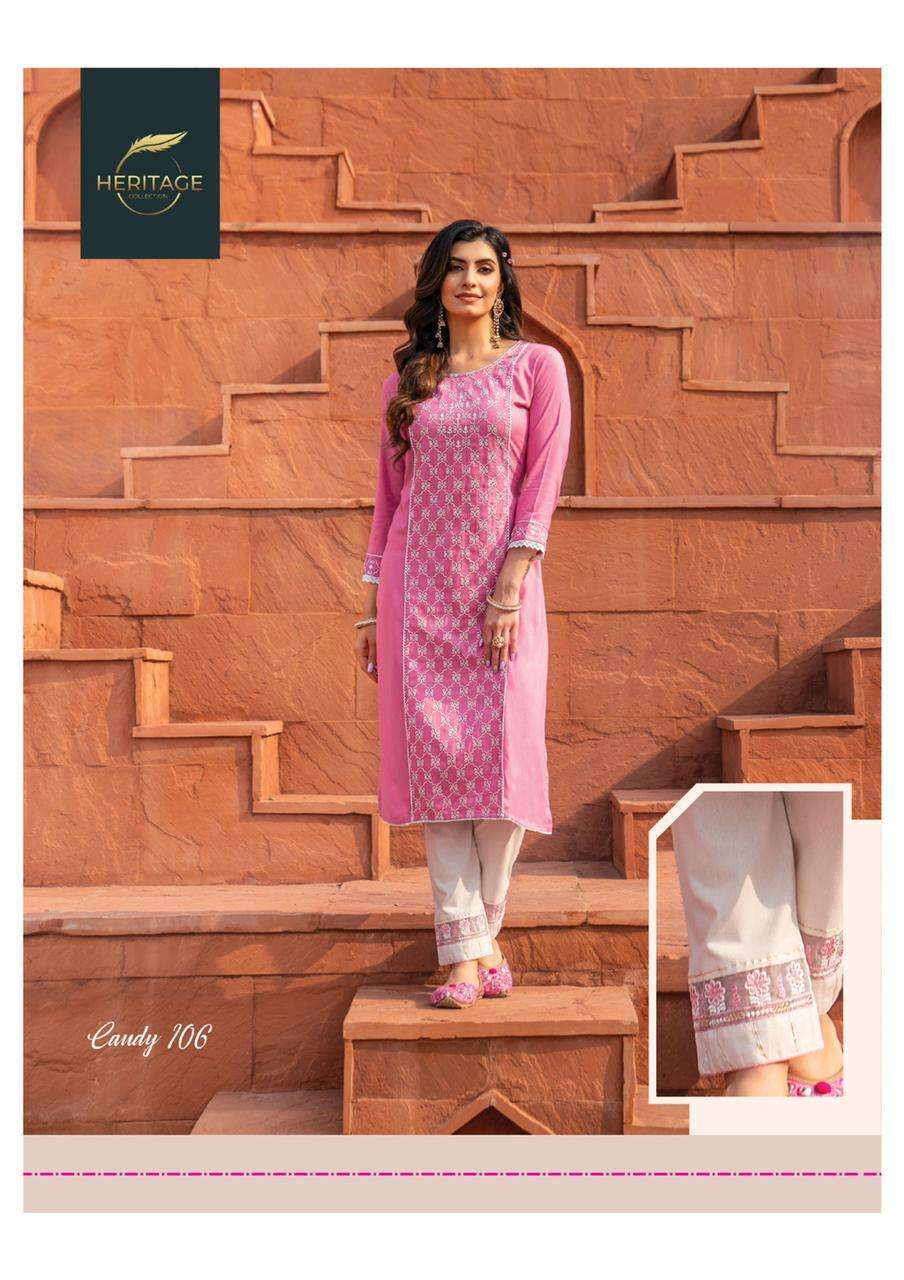 heritage candy series 101-106 rayon cotton flex print kurti 