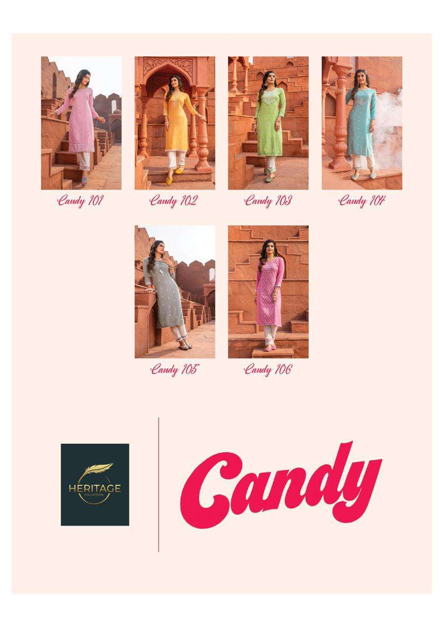 heritage candy series 101-106 rayon cotton flex print kurti 