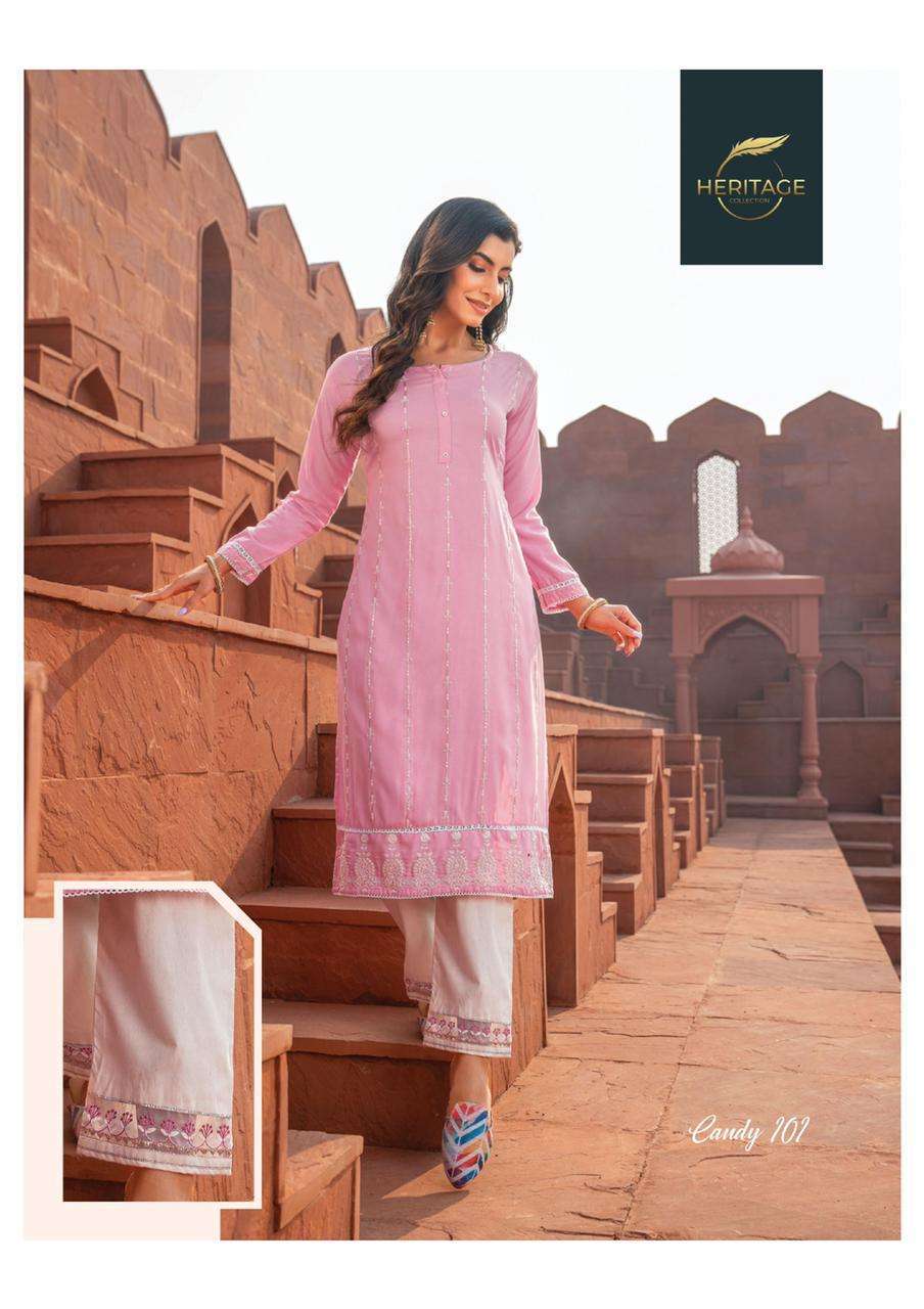 heritage candy series 101-106 rayon cotton flex print kurti 