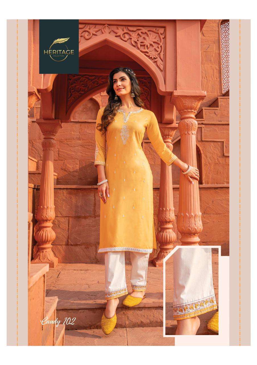 heritage candy series 101-106 rayon cotton flex print kurti 