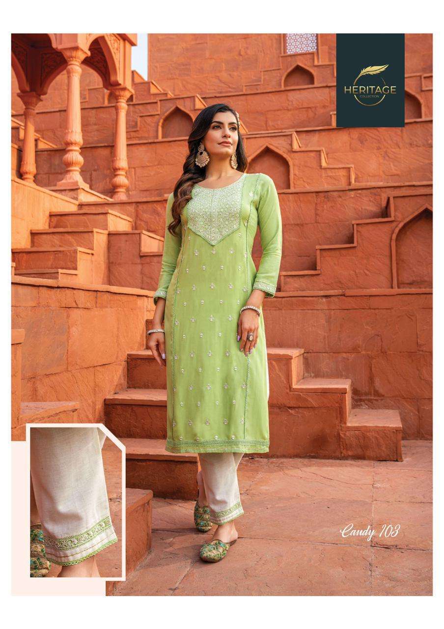 heritage candy series 101-106 rayon cotton flex print kurti 