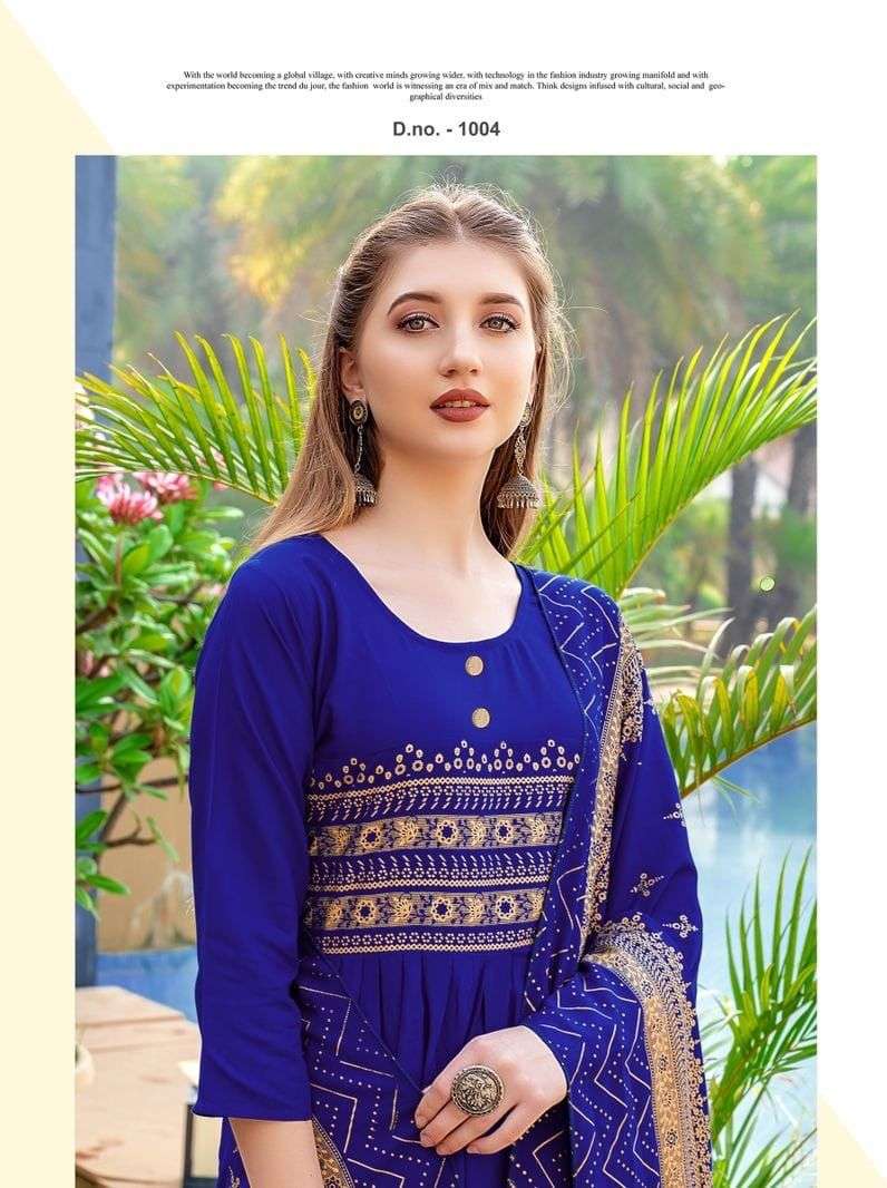 V4u Celebration Rayon Foil Prints Fancy Kurtis With Dupatta Set Wholesaler  Surat