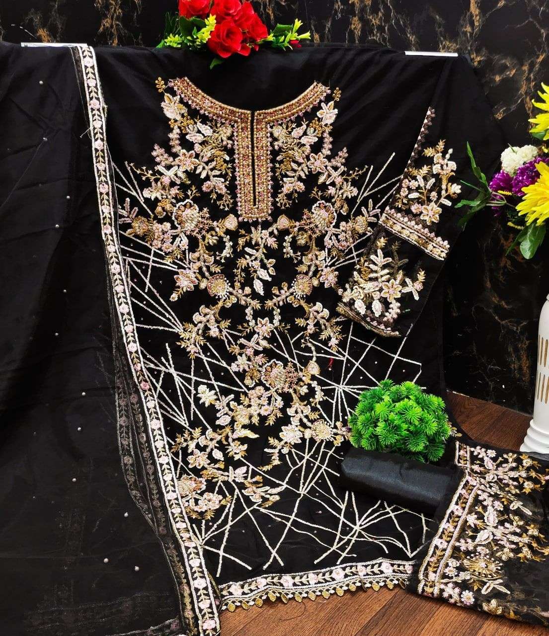 KF-120 DESIGNER NET EMBROIDERY WORK NON CATALOG SUIT 