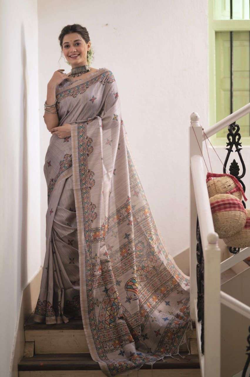 Buy online Kanjeevaram Silk Madhubani Printed Saree with contrast pallu -  Blue-AF405