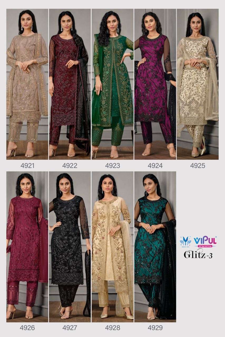 vipul glitz vol 3 series 4921-4929 handwork net suit