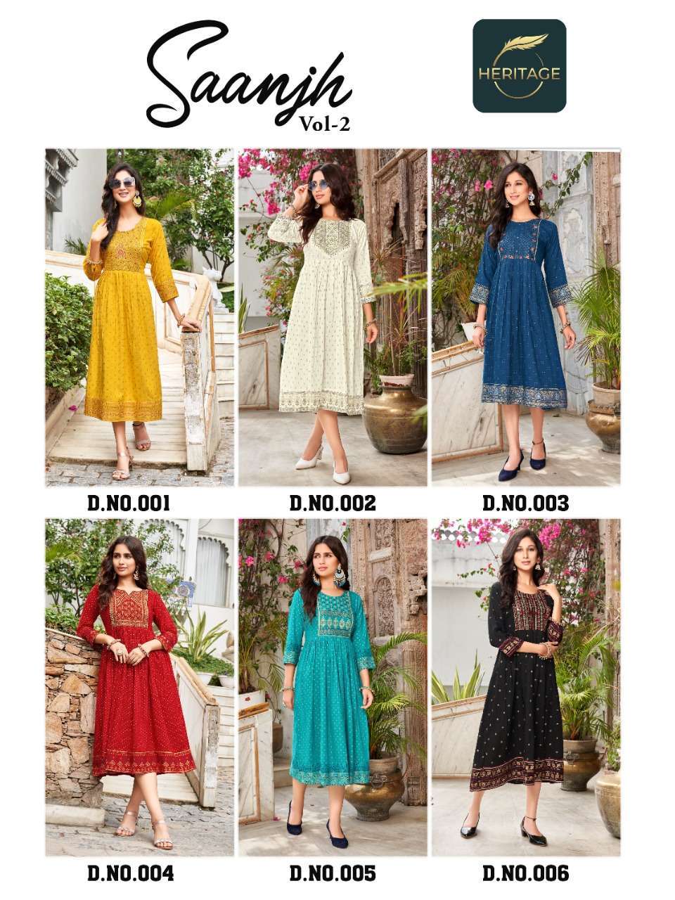 heritage creation saanjh vol 2 series 001-006 rayon slub kurti