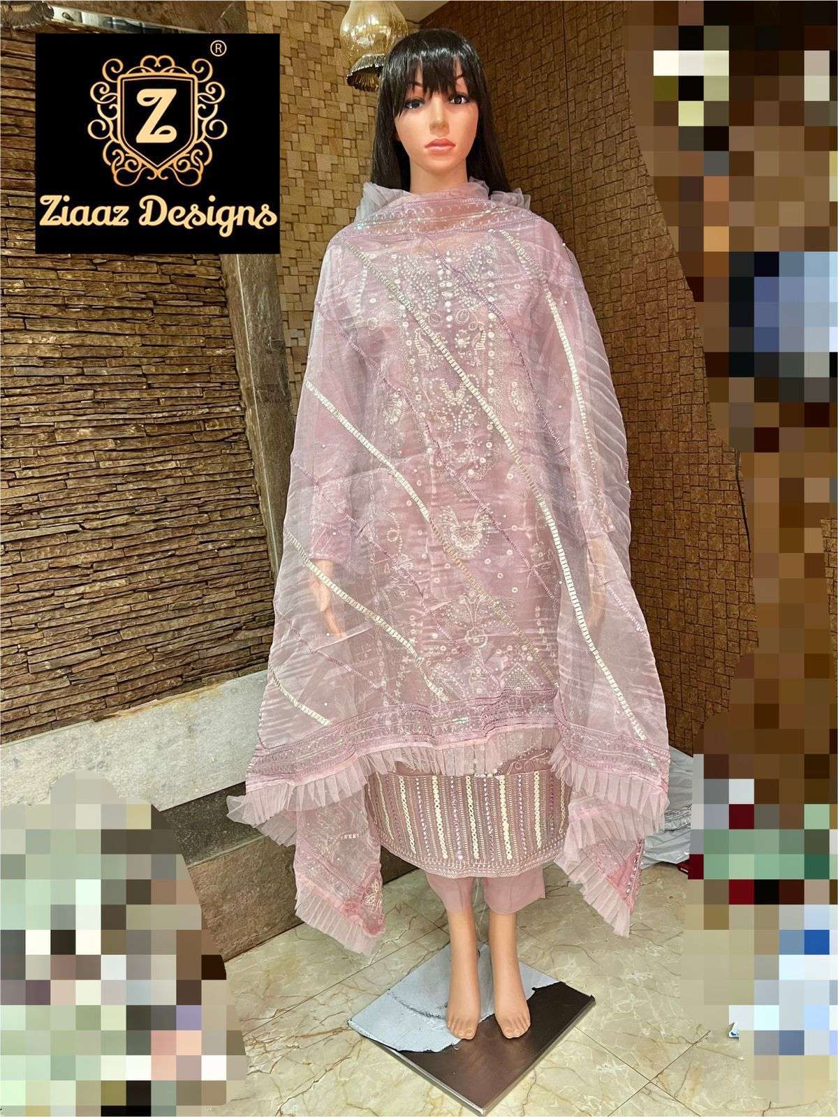 ziaaz designs noor dusty pink Organza pearl work suit