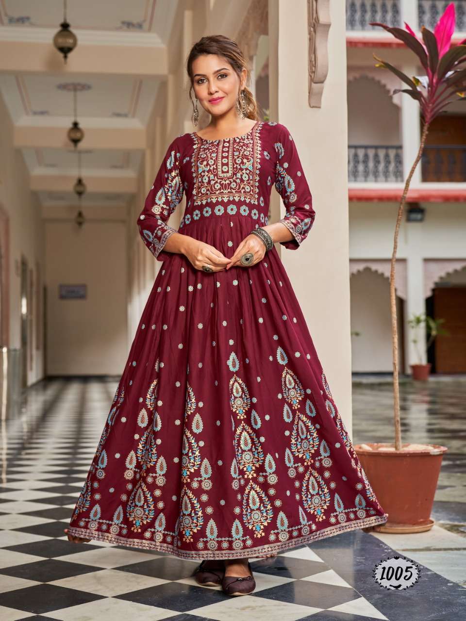 flora rayon foil print big size flair gown wholesaler