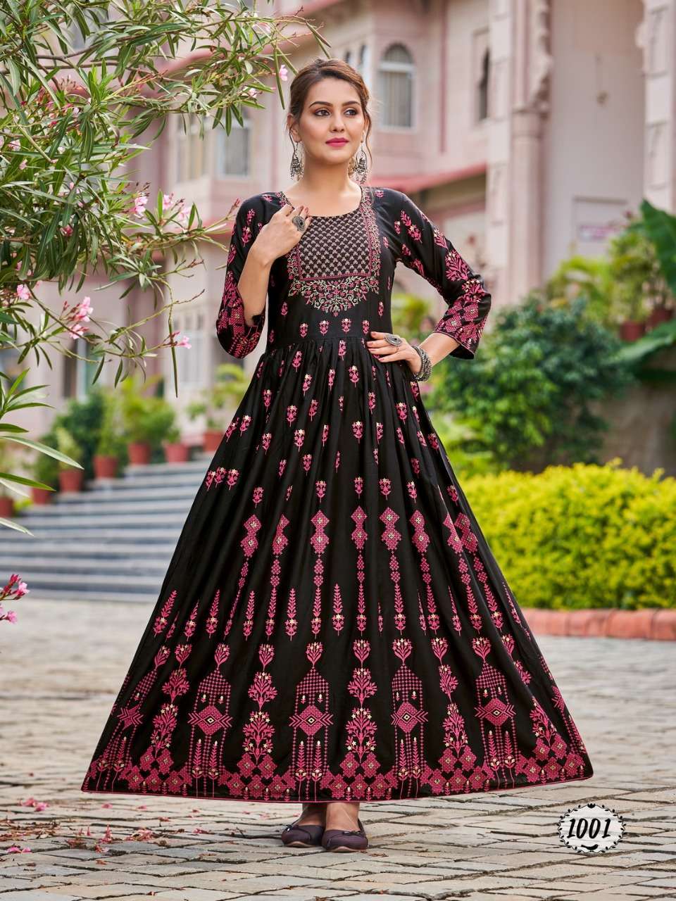 flora rayon foil print big size flair gown wholesaler