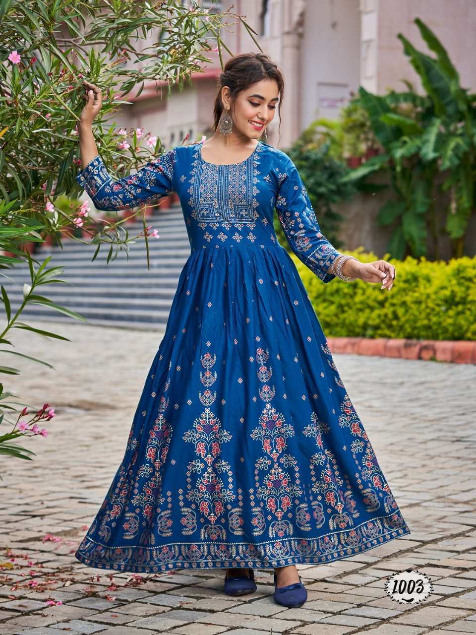 flora rayon foil print big size flair gown wholesaler