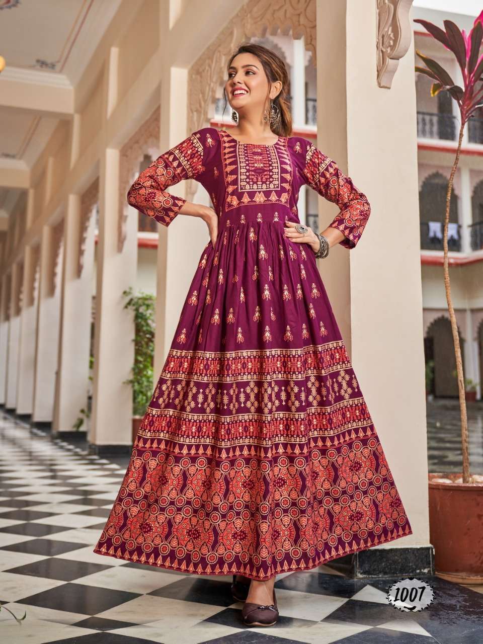 flora rayon foil print big size flair gown wholesaler