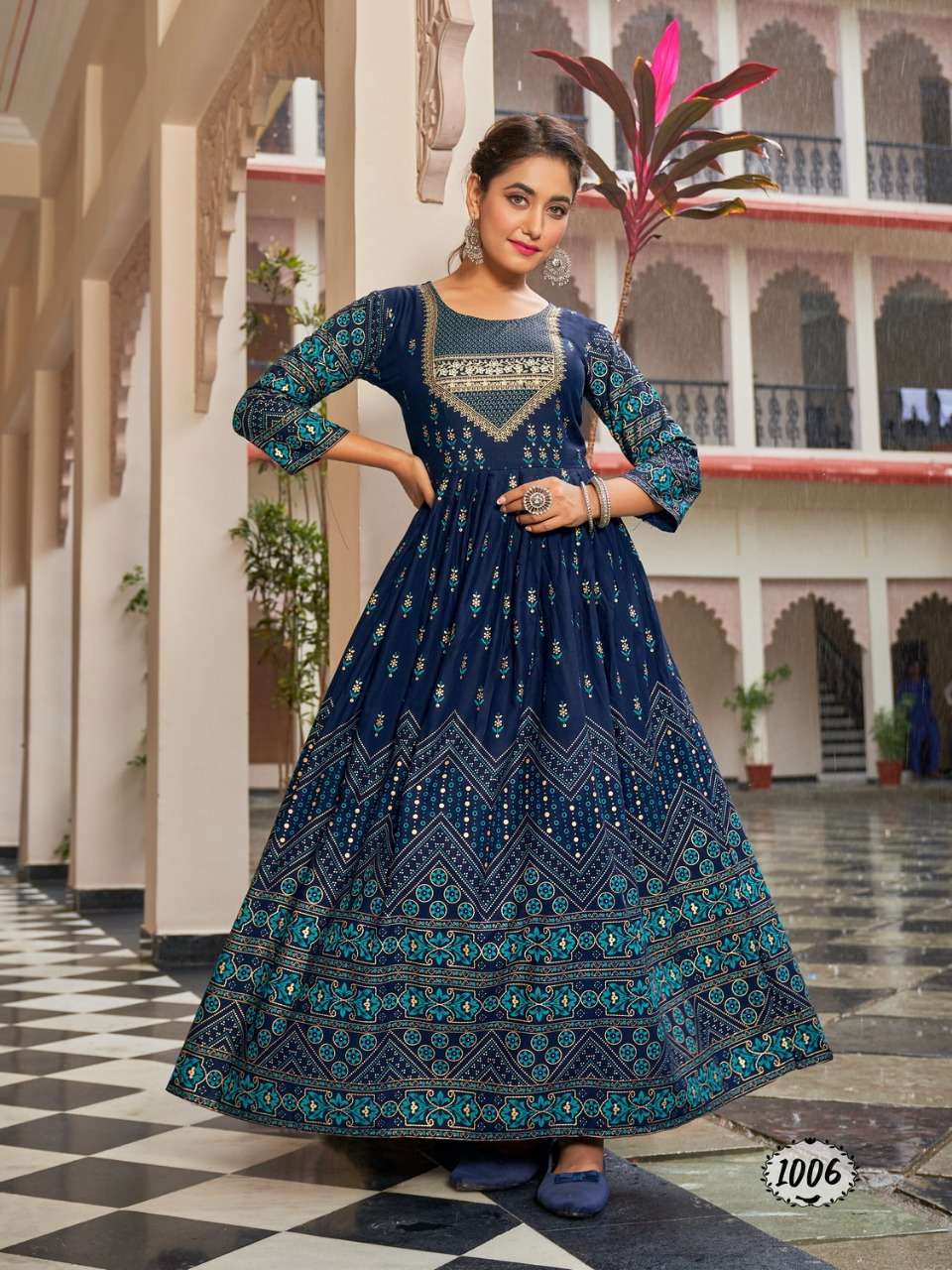 flora rayon foil print big size flair gown wholesaler