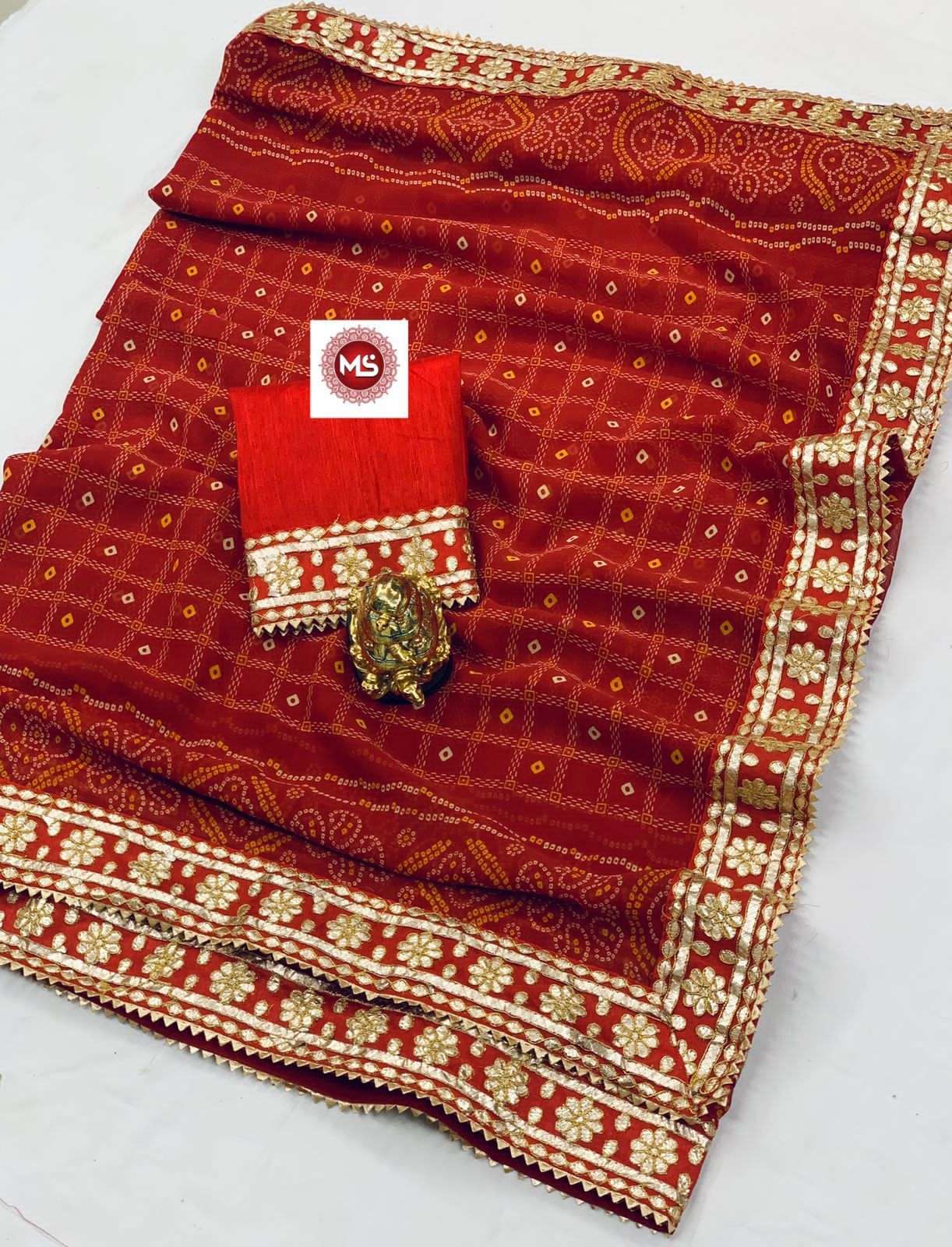 Ms brand red georgette bandhani saree 