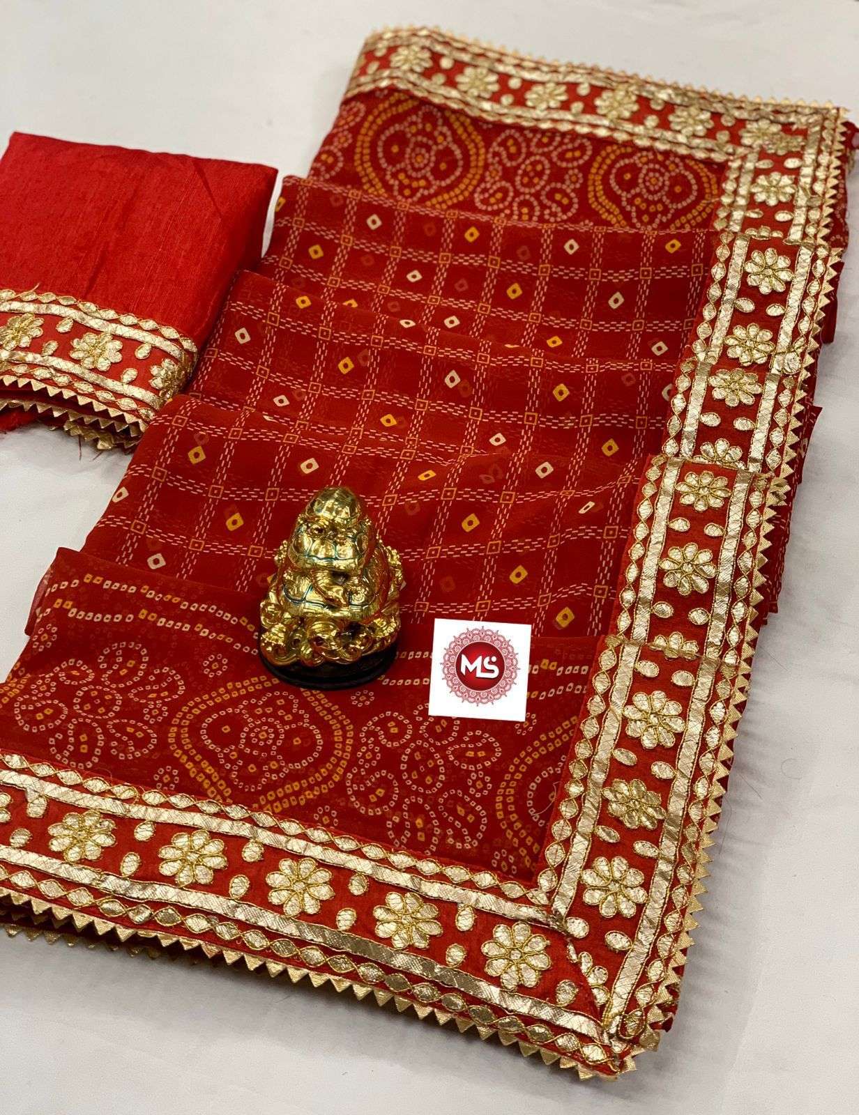 Ms brand red georgette bandhani saree 