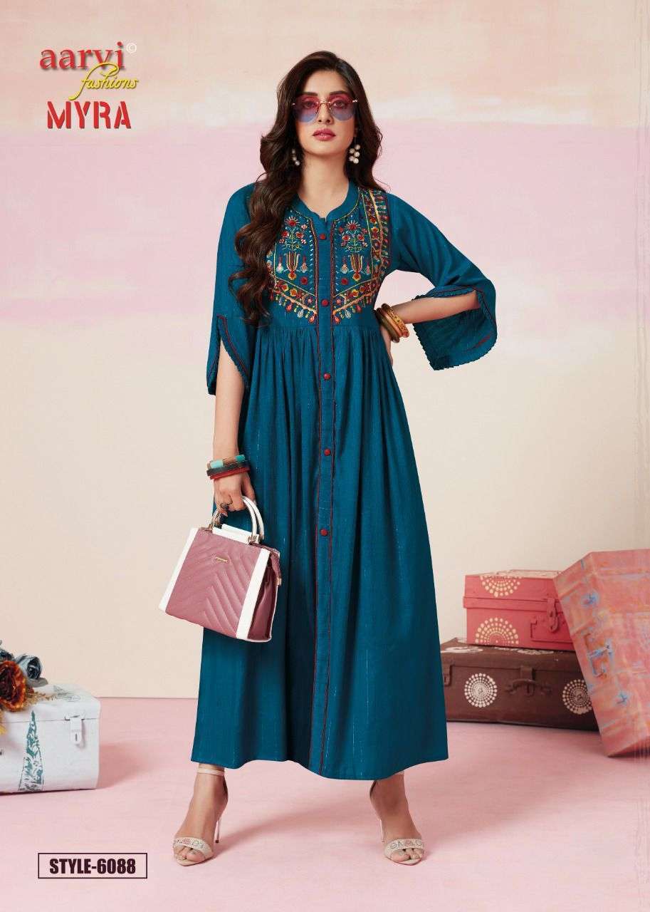 aarvi fashion myra vol 9 series 6087-6091 rayon slub jari kurti