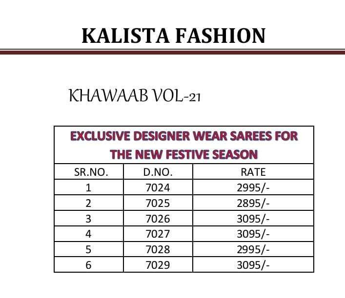 kalista khawaab vol 21 series 7024-7029 fancy embroidery saree