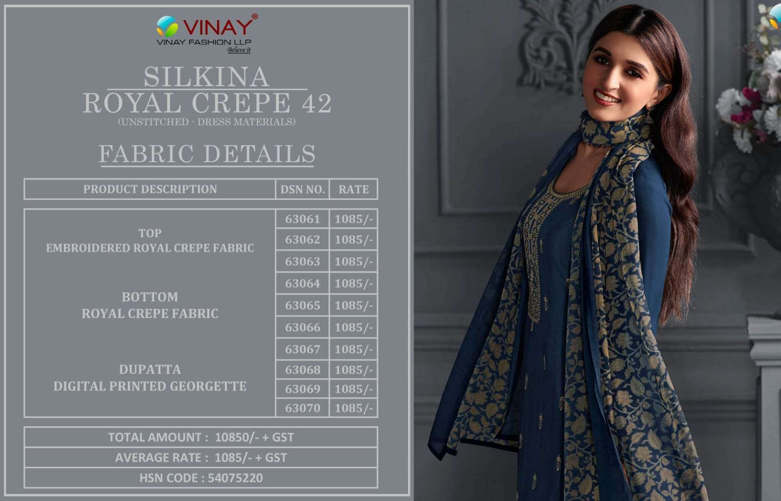 vinay fashion silkina royal crepe vol 42 series 63061-63070 royal crape suit