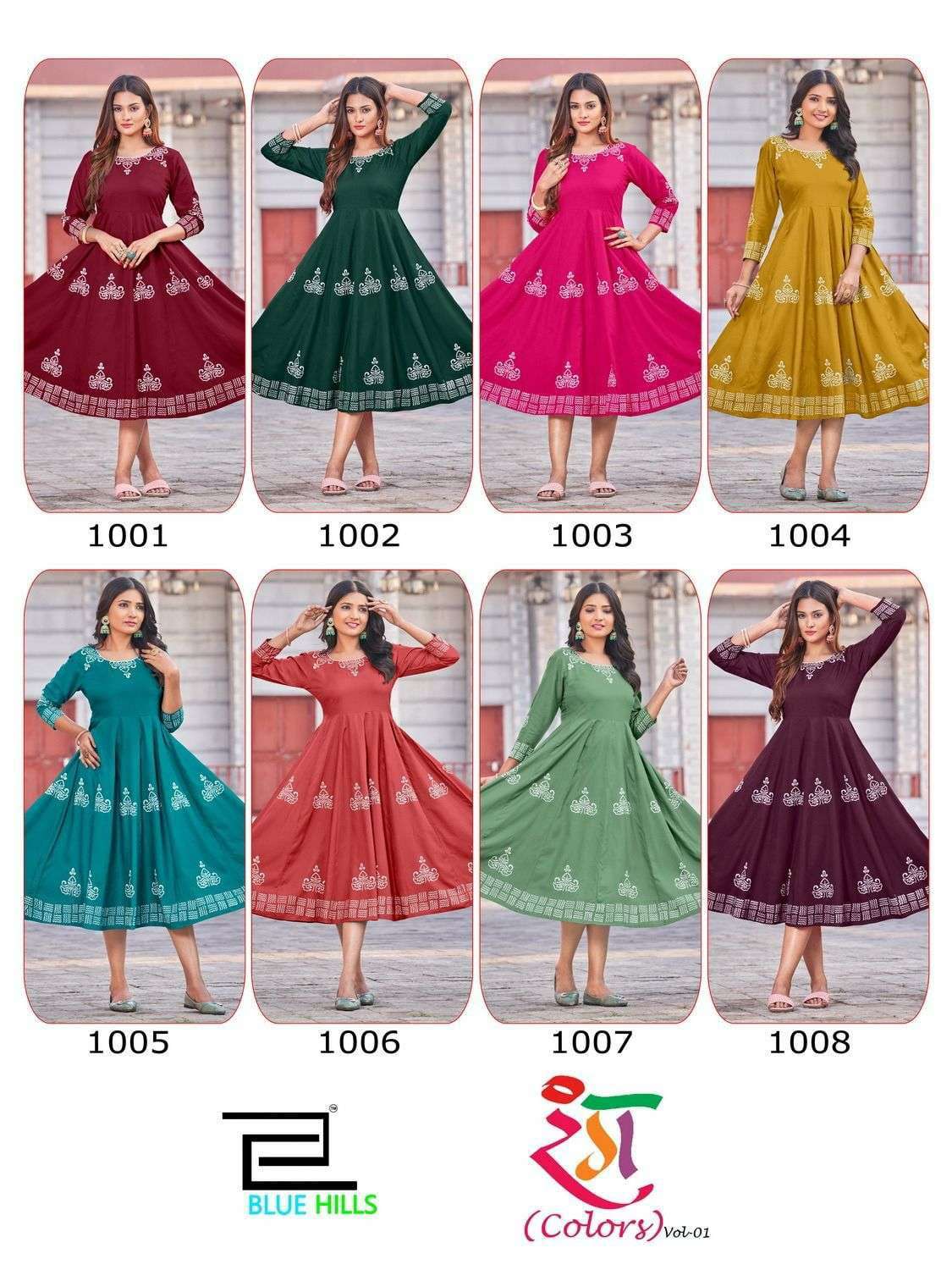 blue hills rang colors vol 1 series 1001-1008 14 kg rayon kurti 